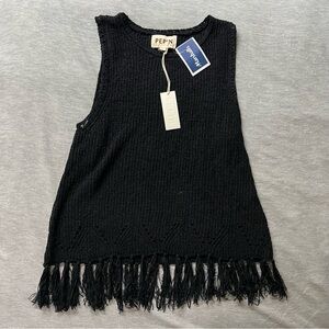 NWT Anthropologie Pepin Black Knit Fringe Tassel Sleeveless Sweater size Small